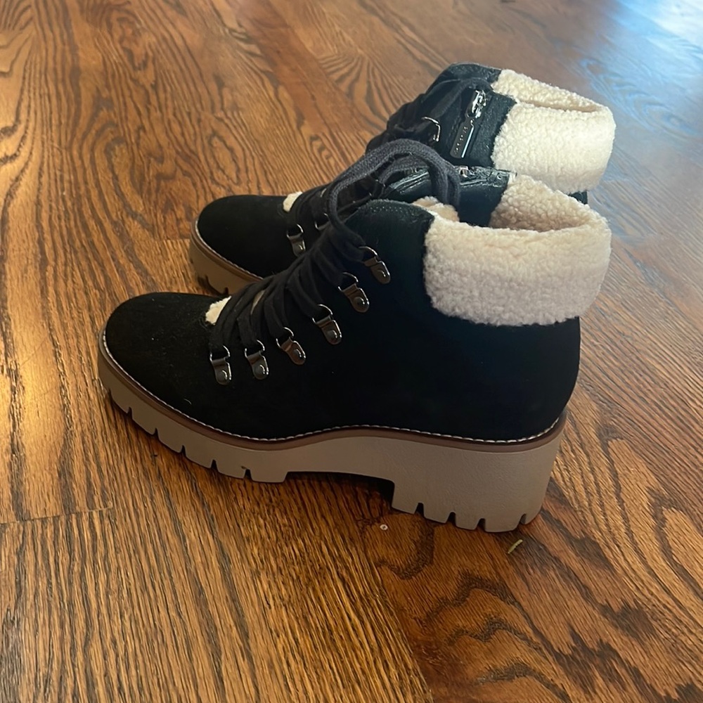 New ankle boots by Blondo black suede and cream fleece on tongue and ankle.